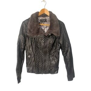 GUESS Women's Faux Leather/fur Jacket Black/Silver, Size M Moto/Tapered Style